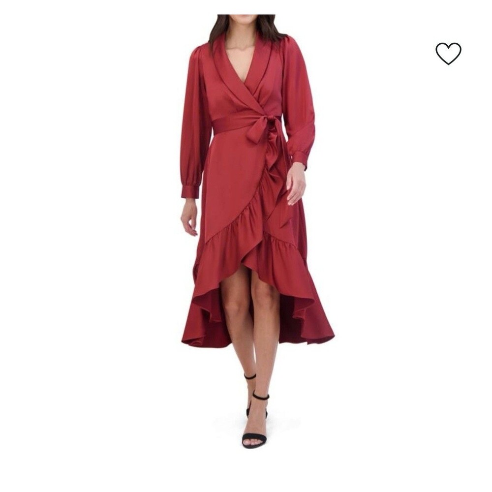 Vince Camuto Women's Dress Red Shawl Collar Satin Faux-wrap Size 12 NWT